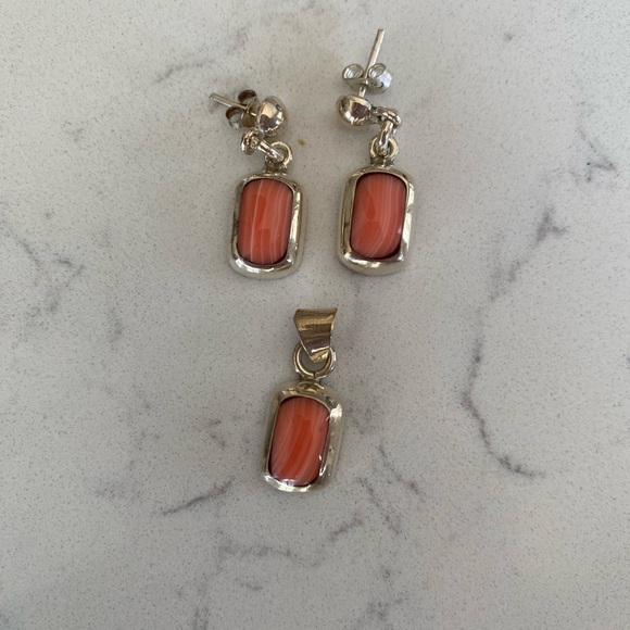Jewelry - .925 Sterling Silver Post Earrings and Pendant with Coral